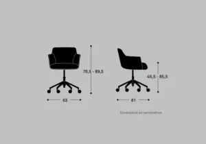 dimensions d'une Chaise de réunion et télétravail avec roulettes : une chaise ergonomique avec accoudoirs et dossier réglables pour un confort optimal.