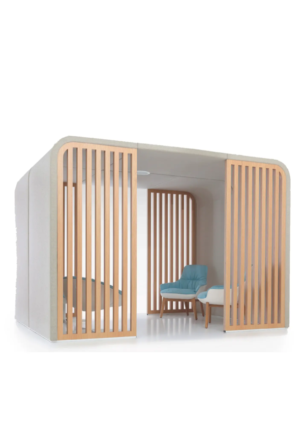 alcôve acoustique modulable 4 places ouverte Chalet pour bureau ouvert et modulable, isolation sonore optimale et confort professionnel_