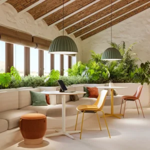 intérieur de café avec tables rounde blanche, chaises jaune et rouge et pouf design