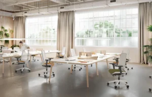 bureau bench 4 postes de travail blanc avec pieds en bois dans un open space avec des chaises ergonomiques