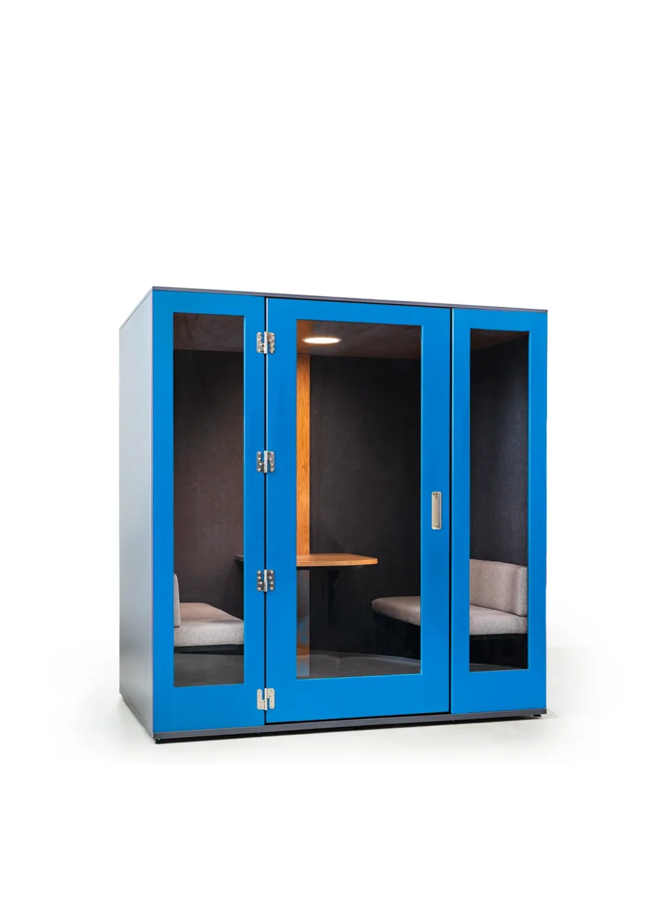 cabine acoustique de réunion 2 a 4 personnes bleu avec table et banquettes