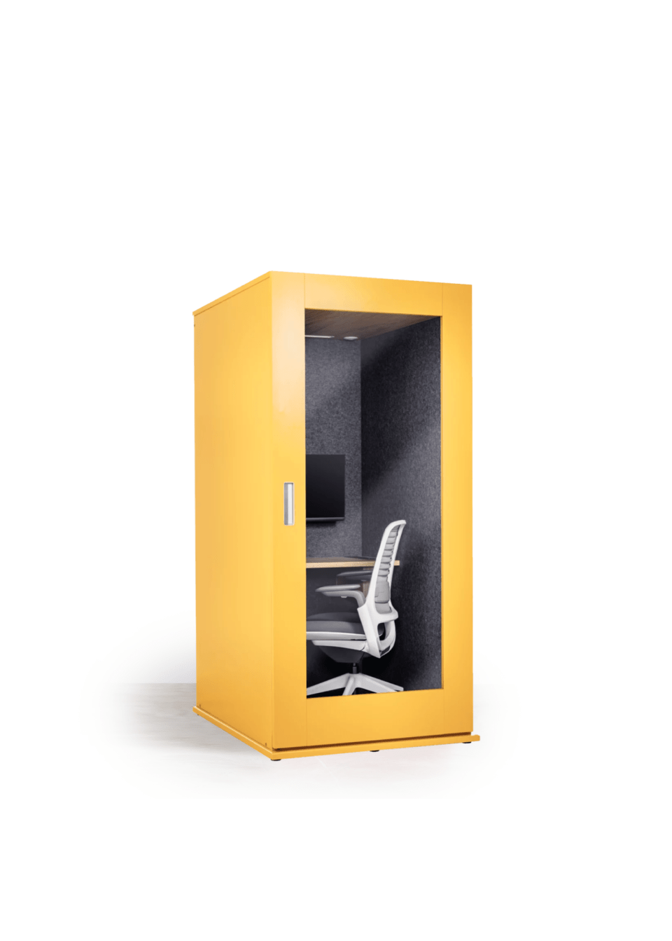 cabine acoustique 1 personne workstation de couleur jaune avec siège et tablette intérieur gris