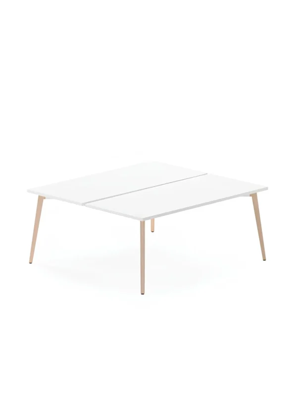 bureau bench 2 postes de travail blanc avec pieds en bois pour open space
