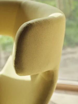 détail fauteuil design haut de gamme avec repose pieds pouf assorti, structure noire et design enveloppant