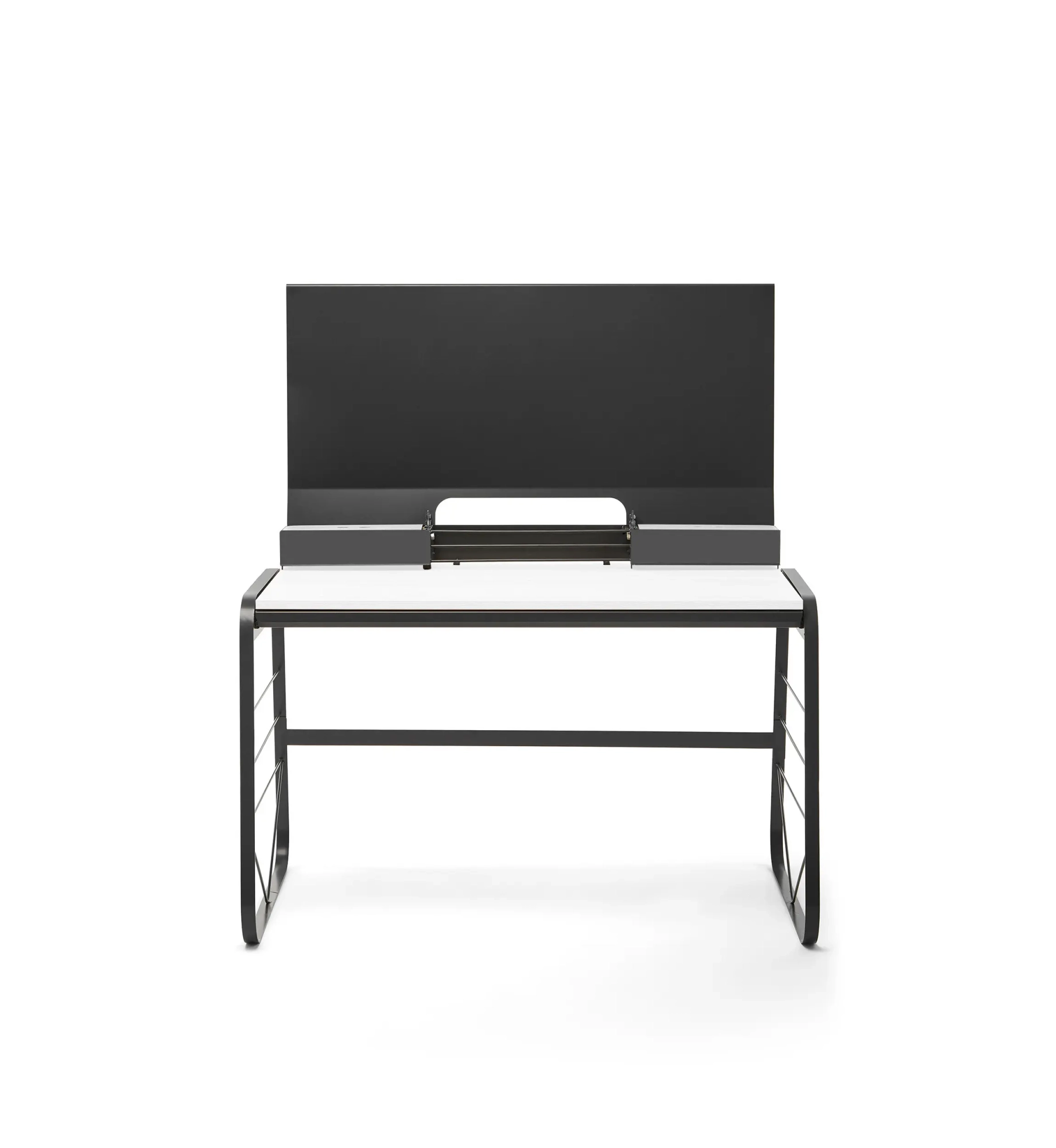 bureau de télétravail blanc pieds métal pour 1 personne en home office, avec panneau acoustique vue de face