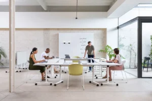 table de réunion modulaire avec roulettes et rabbattable avec chaises pour réunion 6 8 10 12 personnes