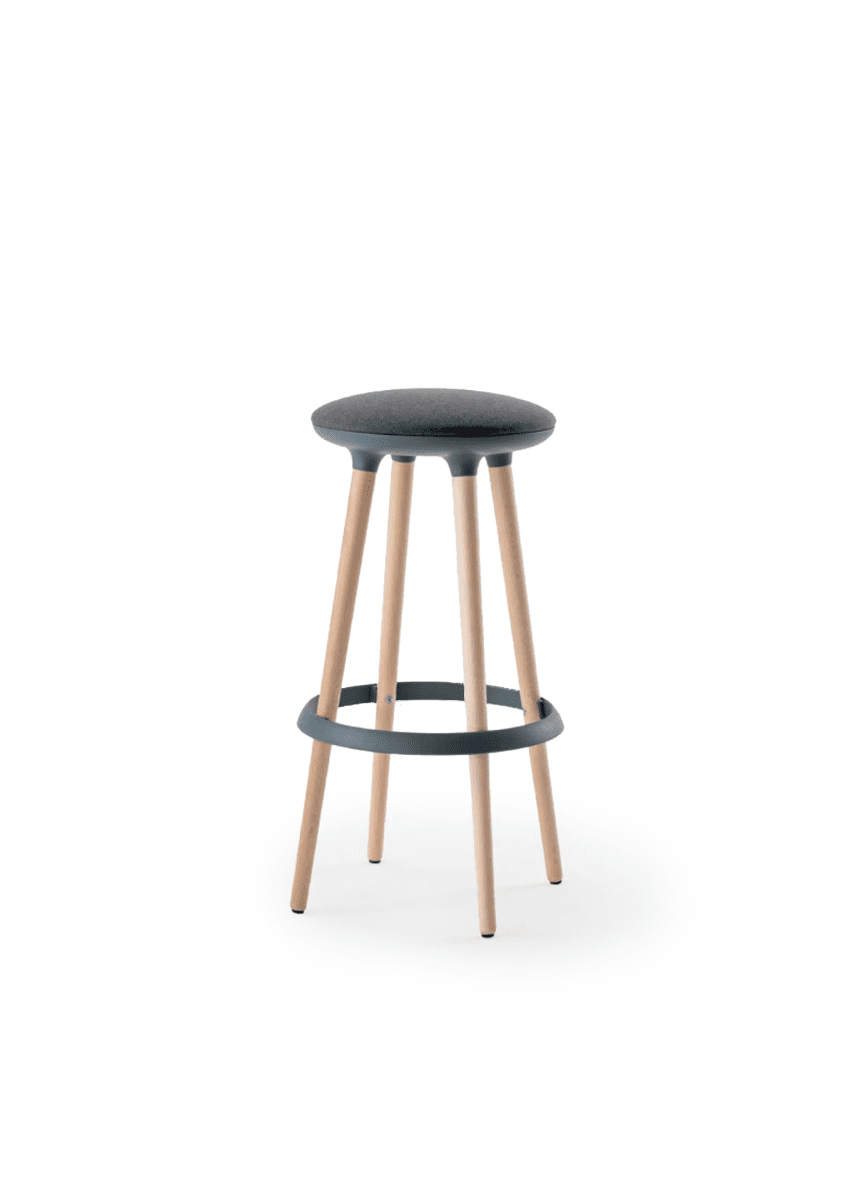 tabouret design pour bar avec repose pied de couleur et pieds en bois couleur anthracite