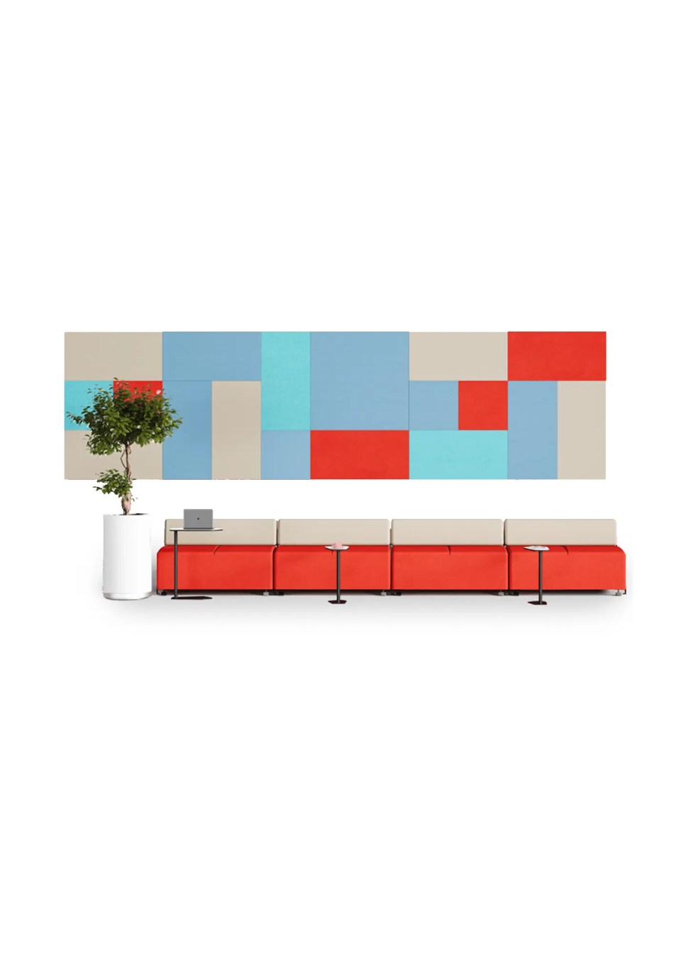 panneaux acoustiques muraux décoratifs bleu beige rouge carrés et rectangle en mosaique