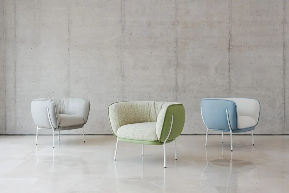 fauteuil bouclette 1 place beige naturel et bleu vert gris ultra confortable pour open spaces et espaces lounge