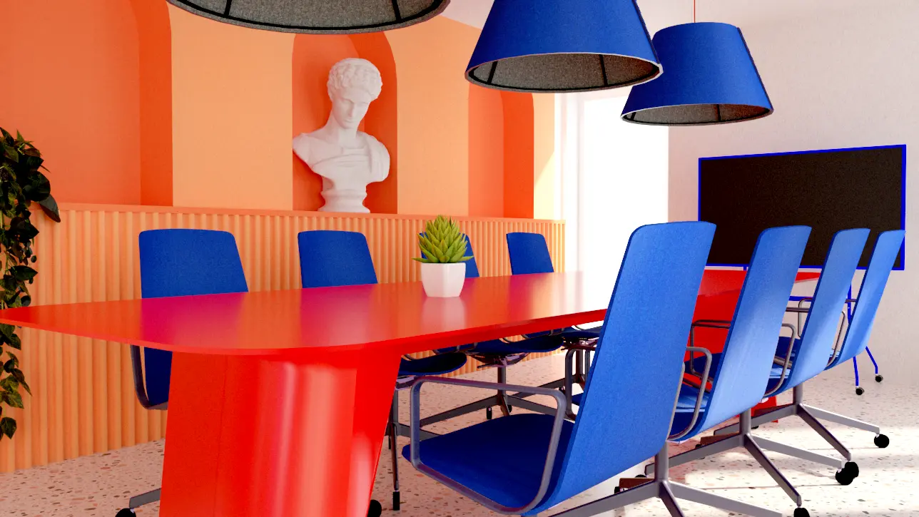 salle de réunion moderne avec table de réunion, chaises de réunion design et luminaires design