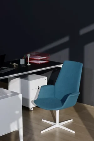 Fauteuil Haut Dossier de bureau bleu et fauteuil de direction avec un bureau moderne pied blanc