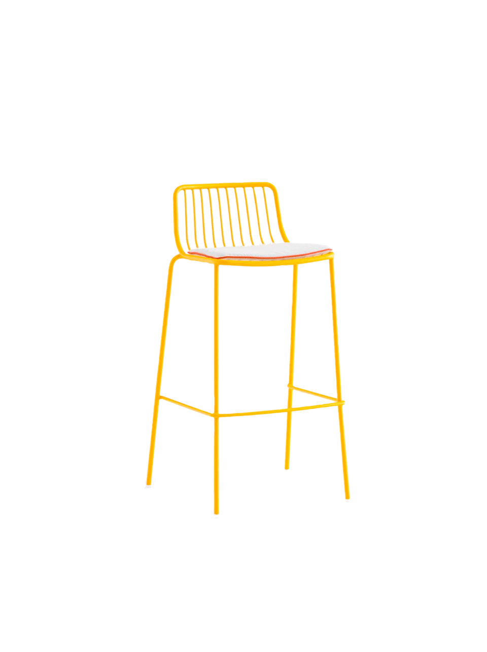 chaise haute jaune en métal d'extérieur pour bar et terrasses avec galette d'assise