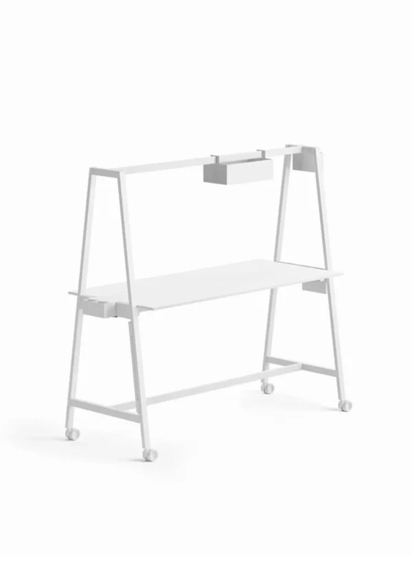 table mobile de coworking blanc, noir, bois avec jardinière