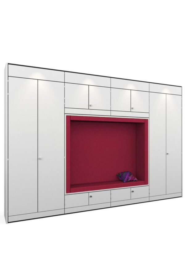 Alcôve de bureau avec banquette et rangements et casiers bois