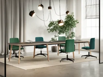 salle de réunion avec tables, chaises et luminaires